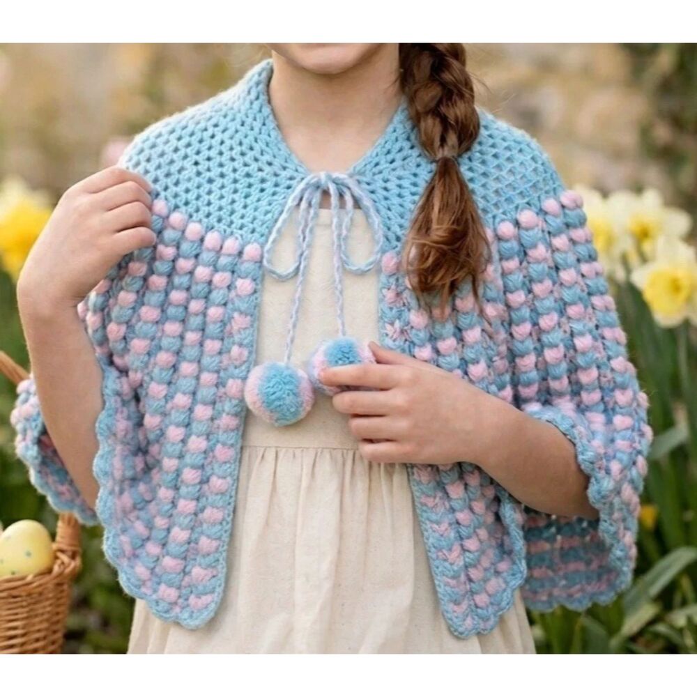 Handmade Crochet Poncho Blue Pink Pompom Tie Center Shoulder Wrap Granny Vintage